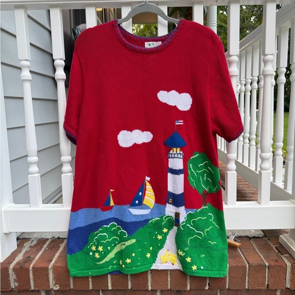 Vintage Boat Nautical Sailing Lighthouse Embroidered Knit Sweater Dress Large - Picture 1 of 5